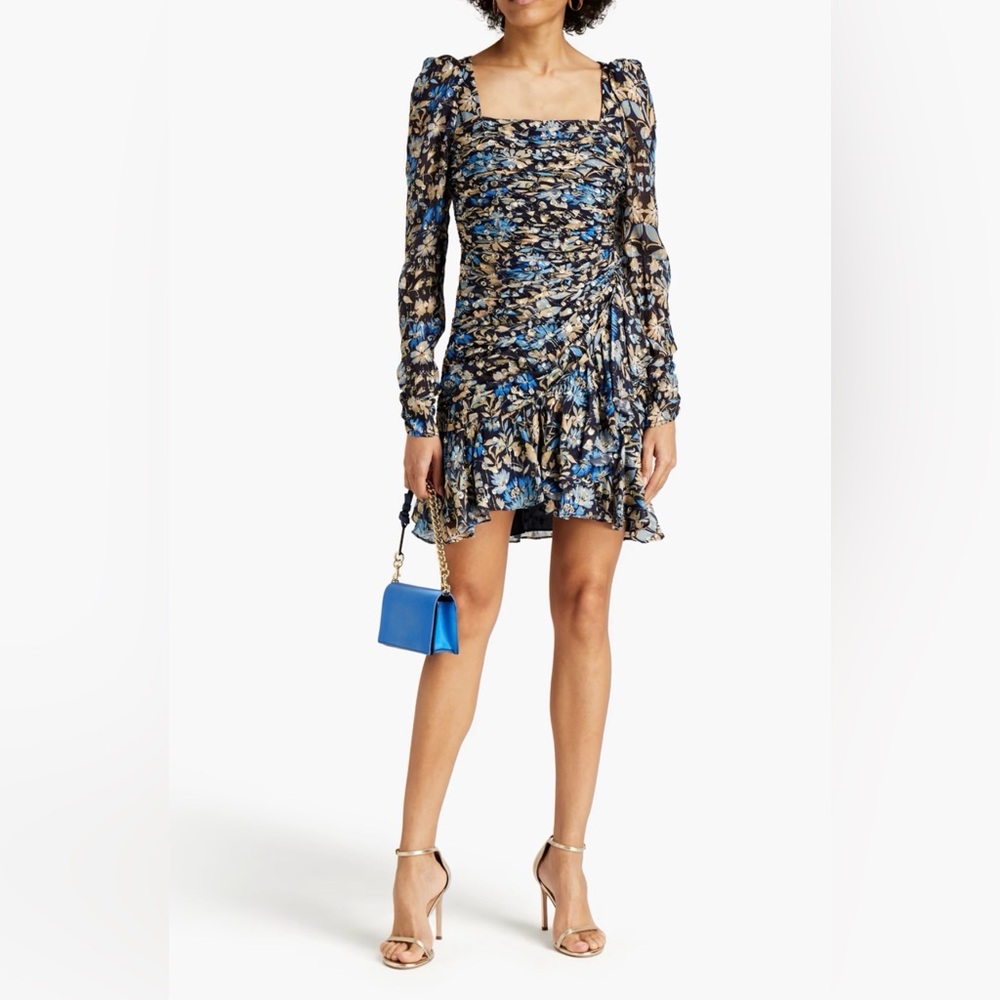 Monique Lhuillier Blue and Beige Metallic Floral Ruched Long-Sleeve Dress